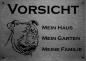 Preview: Edelstahl Warnschild Old English Bulldog VORSICHT Mein Haus mein Garten meine Familie